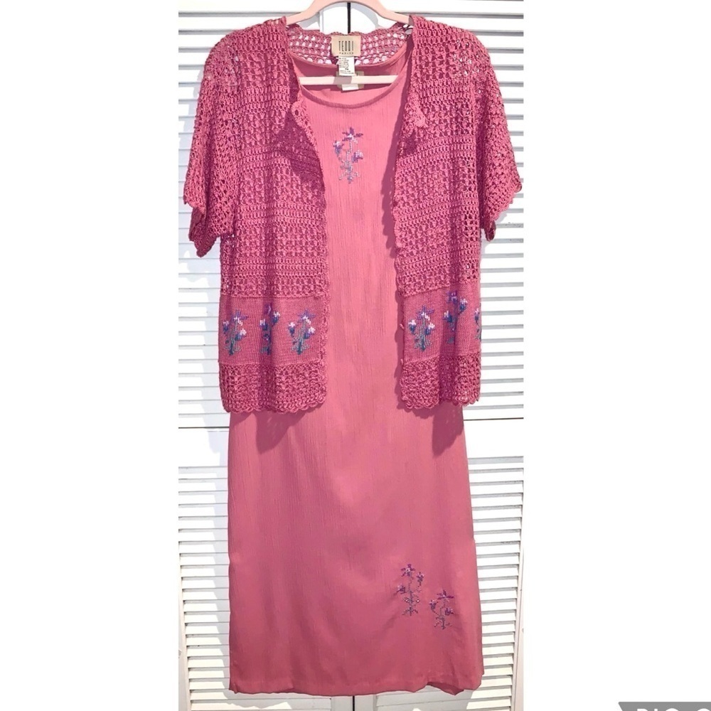 Vintage Teddi Maxi dress with Crochet Sweater Pink Size Medium Petite